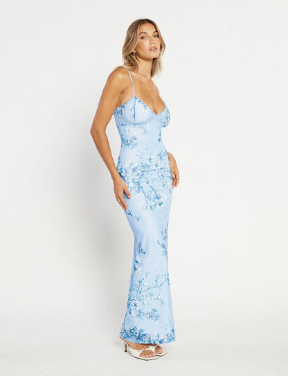 Julianna Blue Floral Bodycon Maxi Dress